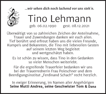 Traueranzeige von Tino Lehmann von Trauerkombi Wittenberg