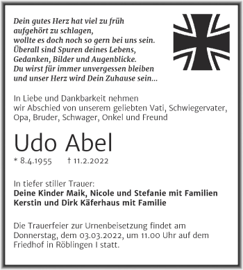 Traueranzeige von Udo Abel von Trauerkombi Mansfelder Land