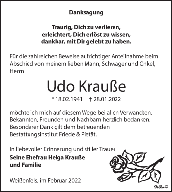 Traueranzeige von Udo Krauße von Trauerkombi Weißenfels