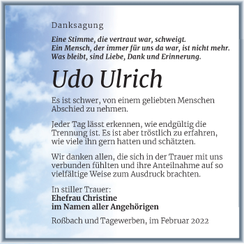 Traueranzeige von Udo Ulrich von Trauerkombi Merseburg
