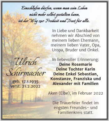 Traueranzeige von Ulrich Schirmacher von Trauerkombi Köthen