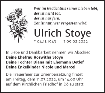 Traueranzeige von Ulrich Stoye von Mitteldeutsche Zeitung Halle/Saalkreis
