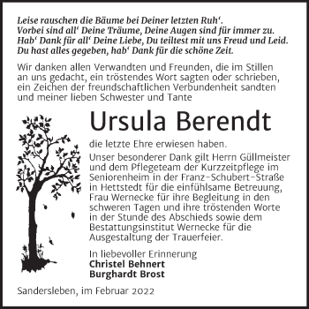 Traueranzeige von Ursula Berendt von Trauerkombi Mansfelder Land