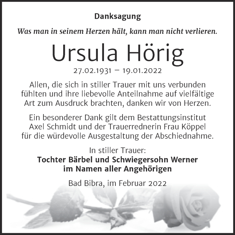  Traueranzeige für Ursula Hörig vom 23.02.2022 aus Wochenspiegel Naumburg/Nebra