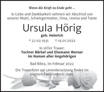 Traueranzeige von Ursula Hörig von Wochenspiegel Naumburg/Nebra