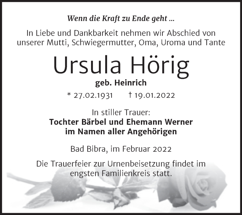  Traueranzeige für Ursula Hörig vom 02.02.2022 aus Wochenspiegel Naumburg/Nebra
