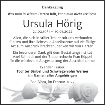 Traueranzeige von Ursula Hörig von Wochenspiegel Naumburg/Nebra