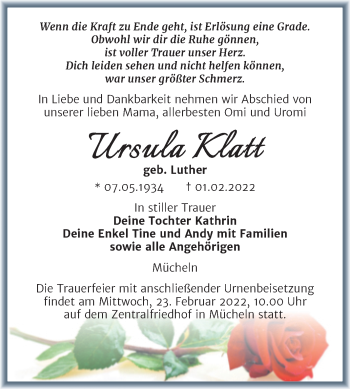Traueranzeige von Ursula Klatt von Trauerkombi Merseburg