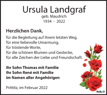 Traueranzeige von Ursula Landgraf von Trauerkombi Weißenfels