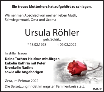 Traueranzeige von Ursula Röhler von Trauerkombi Zeitz