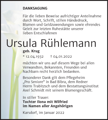Traueranzeige von Ursula Rühlemann von Wochenspiegel Naumburg/Nebra