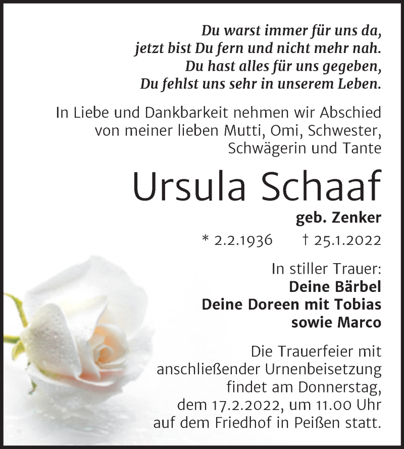  Traueranzeige für Ursula Schaaf vom 05.02.2022 aus Mitteldeutsche Zeitung Halle/Saalkreis