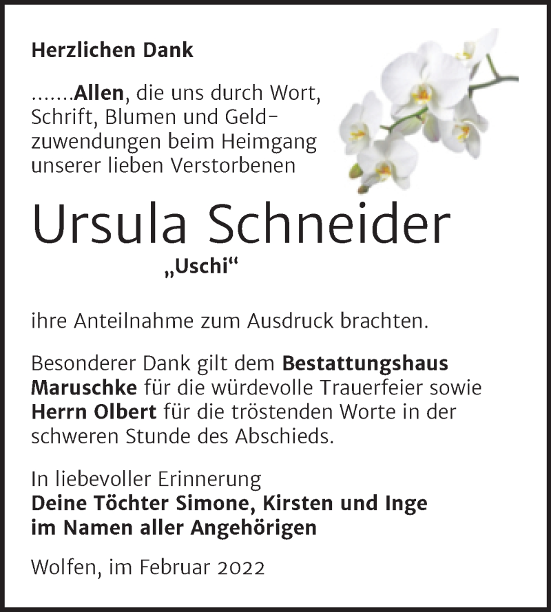  Traueranzeige für Ursula Schneider vom 16.02.2022 aus Trauerkombi Bitterfeld