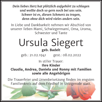 Traueranzeige von Ursula Siegert von Trauerkombi Mansfelder Land