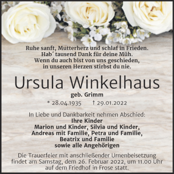 Traueranzeige von Ursula Winkelhaus von Trauerkombi Aschersleben