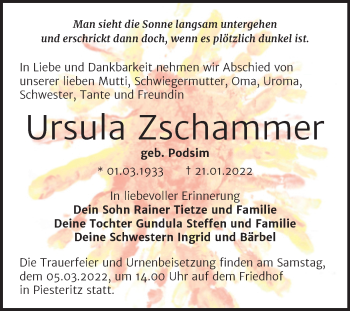 Traueranzeige von Ursula Zschammer von Trauerkombi Wittenberg
