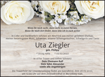 Traueranzeige von Uta Ziegler von Trauerkombi Merseburg