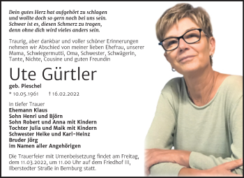 Traueranzeige von Ute Gürtler von Trauerkombi Bernburg