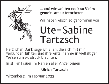 Traueranzeige von Ute-Sabine Tartzsch von Trauerkombi Wittenberg