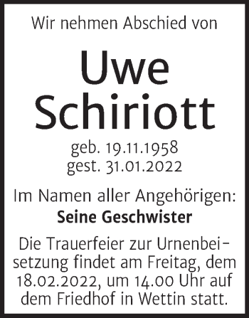 Traueranzeige von Uwe Schiriott von Mitteldeutsche Zeitung Halle/Saalkreis