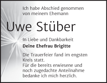 Traueranzeige von Uwe Stüber von Trauerkombi Aschersleben