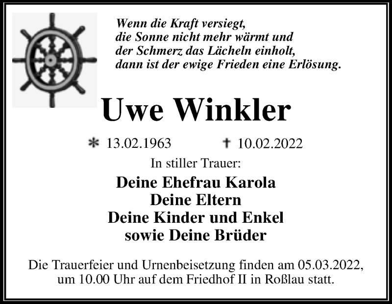  Traueranzeige für Uwe Winkler vom 19.02.2022 aus Trauerkombi Dessau