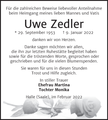 Traueranzeige von Uwe Zedler von Mitteldeutsche Zeitung Halle/Saalkreis