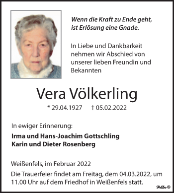 Traueranzeige von Vera Völkerling von Trauerkombi Weißenfels