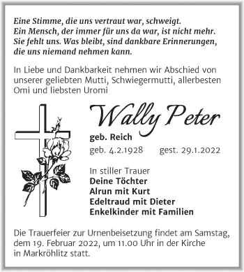 Traueranzeige von Wally Peter von Trauerkombi Weißenfels