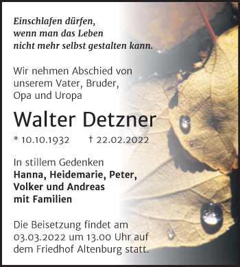Traueranzeige von Walter Detzner von Mitteldeutsche Zeitung Bernburg