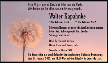 Traueranzeige von Walter Kapahnke von Trauerkombi Quedlinburg