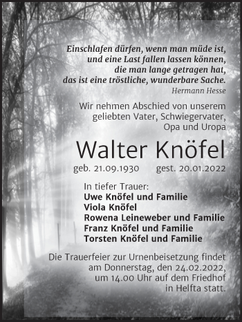 Traueranzeige von Walter Knöfel von Trauerkombi Mansfelder Land