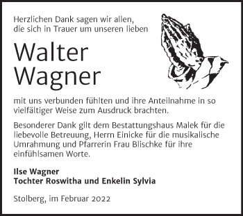 Traueranzeige von Walter Wagner von Mitteldeutsche Zeitung Sangerhausen