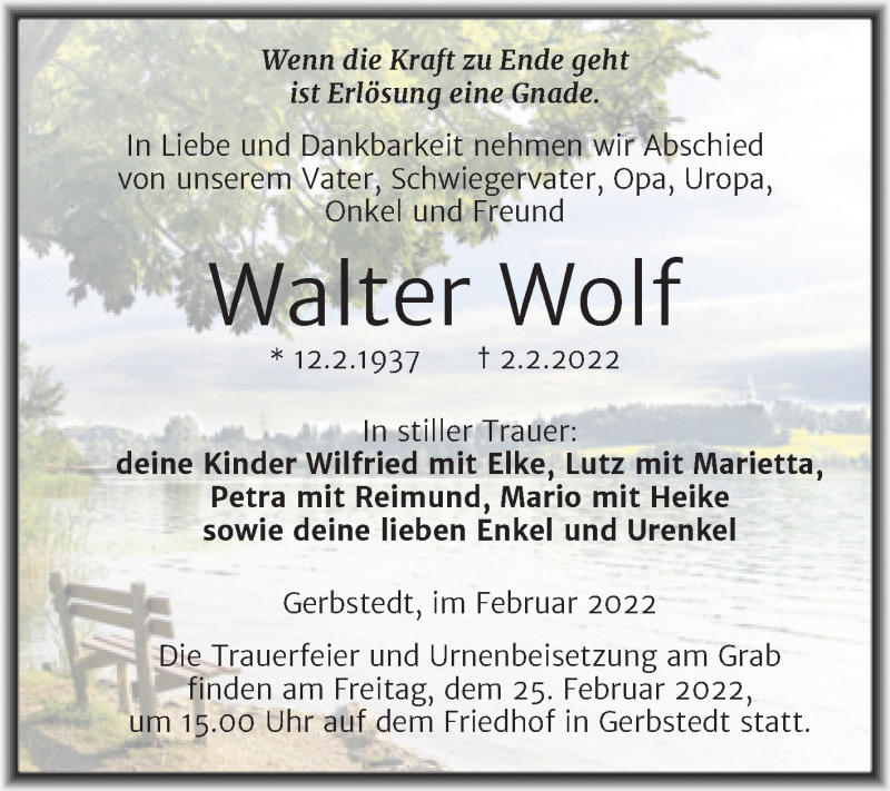  Traueranzeige für Walter Wolf vom 12.02.2022 aus Trauerkombi Mansfelder Land