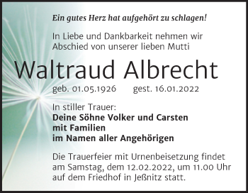Traueranzeige von Waltraud Albrecht von Mitteldeutsche Zeitung Halle/Saalkreis