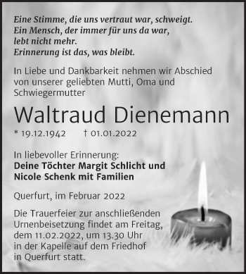 Traueranzeige von Waltraud Dienemann von Trauerkombi Merseburg