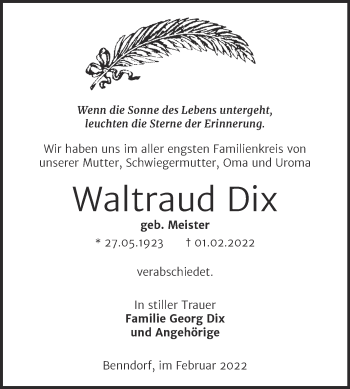 Traueranzeige von Waltraud Dix von Naumburger Tageblatt