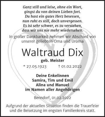 Traueranzeige von Waltraud Dix von Naumburger Tageblatt