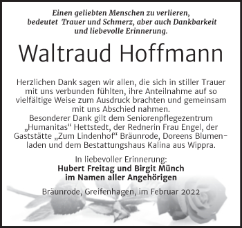 Traueranzeige von Waltraud Hoffmann von Trauerkombi Mansfelder Land