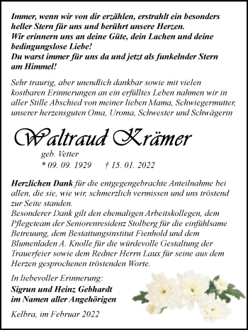 Traueranzeige von Waltraud Krämer von Trauerkombi Sangerhausen