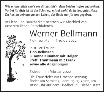 Traueranzeige von Werner Bellmann von Trauerkombi Mansfelder Land
