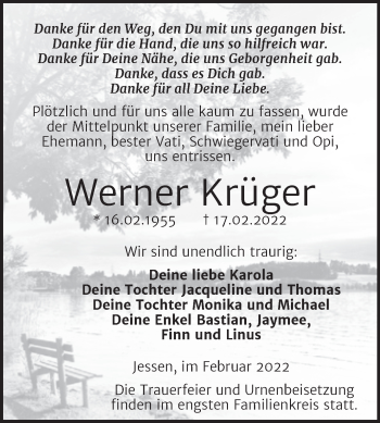 Traueranzeige von Werner Krüger von Trauerkombi Wittenberg