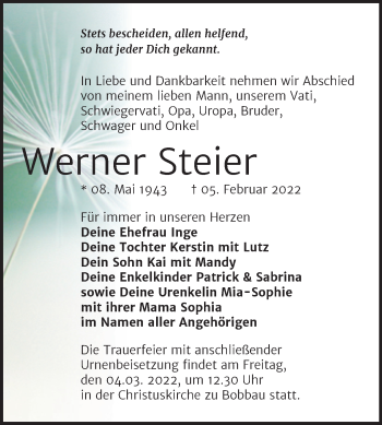 Traueranzeige von Werner Steier von Trauerkombi Bitterfeld