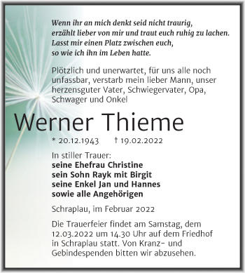 Traueranzeige von Werner Thieme von Trauerkombi Merseburg