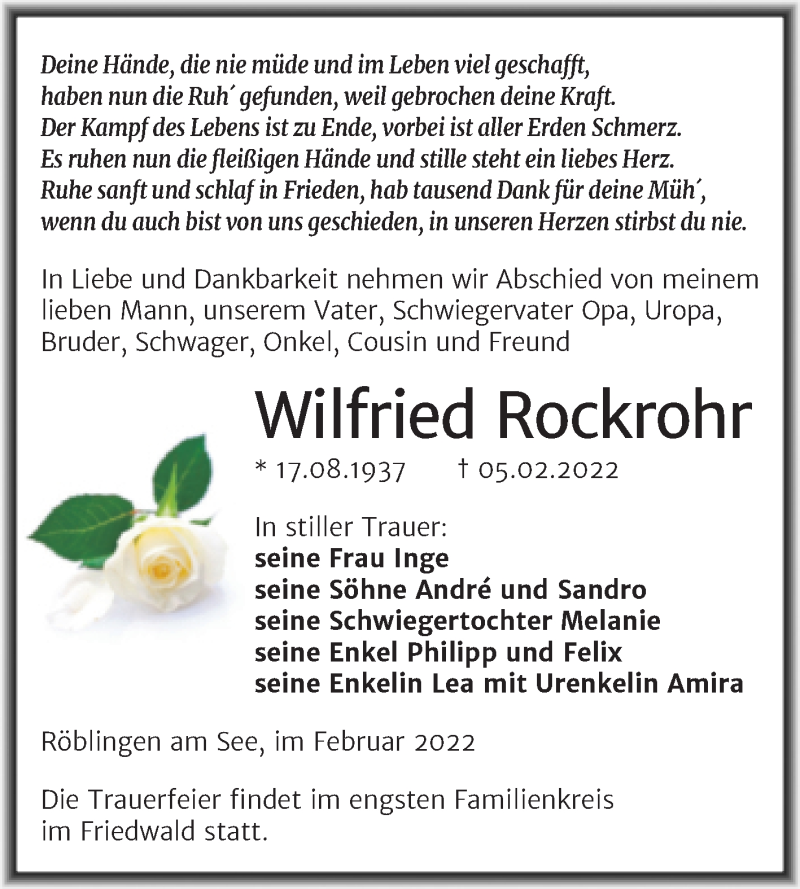  Traueranzeige für Wilfried Rockrohr vom 09.02.2022 aus Trauerkombi Mansfelder Land