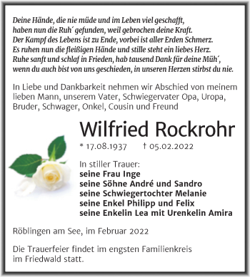 Traueranzeige von Wilfried Rockrohr von Trauerkombi Mansfelder Land