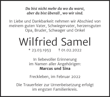 Traueranzeige von Wilfried Samel von Trauerkombi Aschersleben