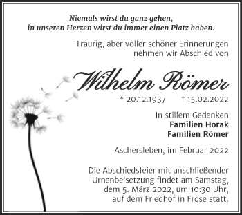 Traueranzeige von Wilhelm Römer von Trauerkombi Aschersleben