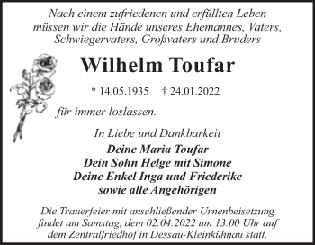 Traueranzeige von Wilhelm Toufar von Trauerkombi Dessau
