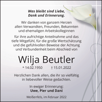 Traueranzeige von Wilja Beutler von Mitteldeutsche Zeitung Halle/Saalkreis